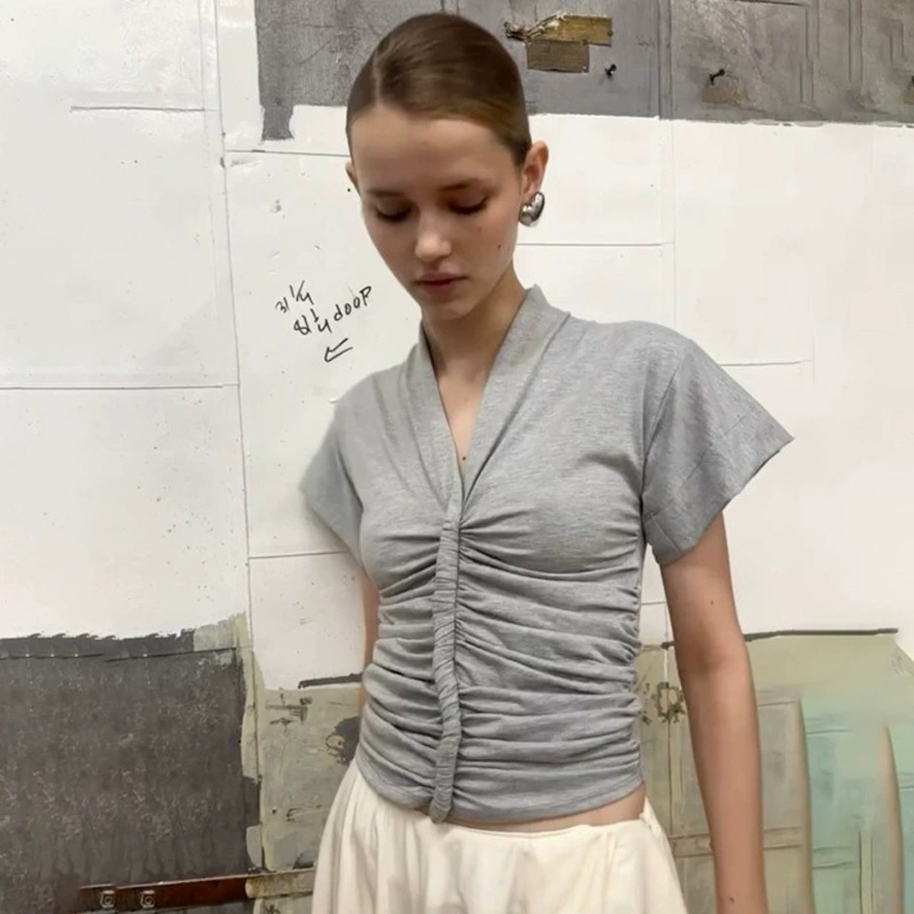 Zara Summer Solid Color Symmetrical Shirred Short Sleeve T-Shirt Top